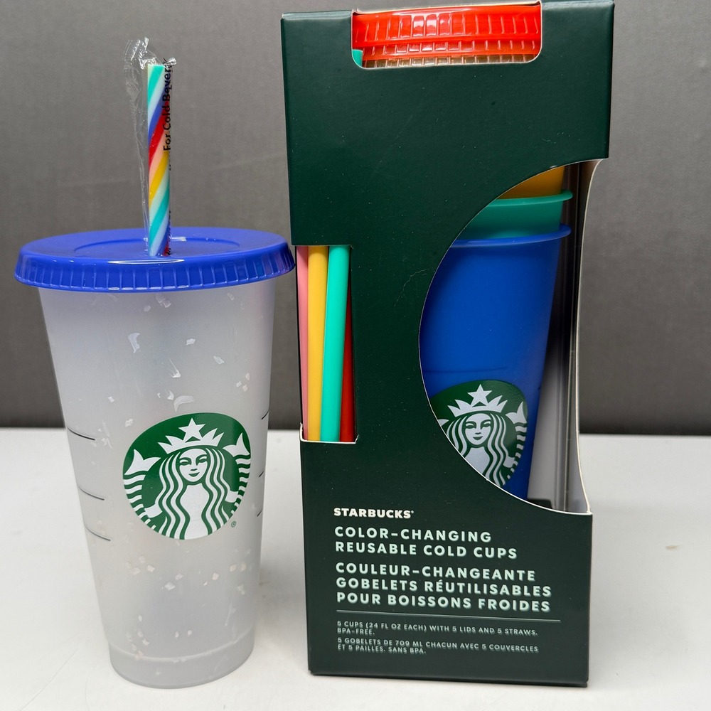 Starbucks 2020 Color-Changing Reusable Cold Cups 5 Pack 24oz Plus Confetti Bonus